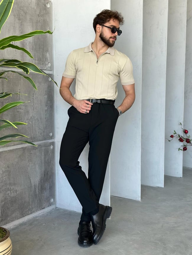 TR1302 Çizgili polo yaka triko Bej