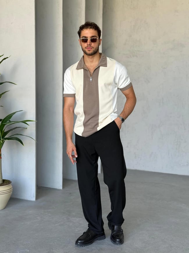 TR1310 Parçalı Modal Kumaş Polo Yaka Kahve Krem