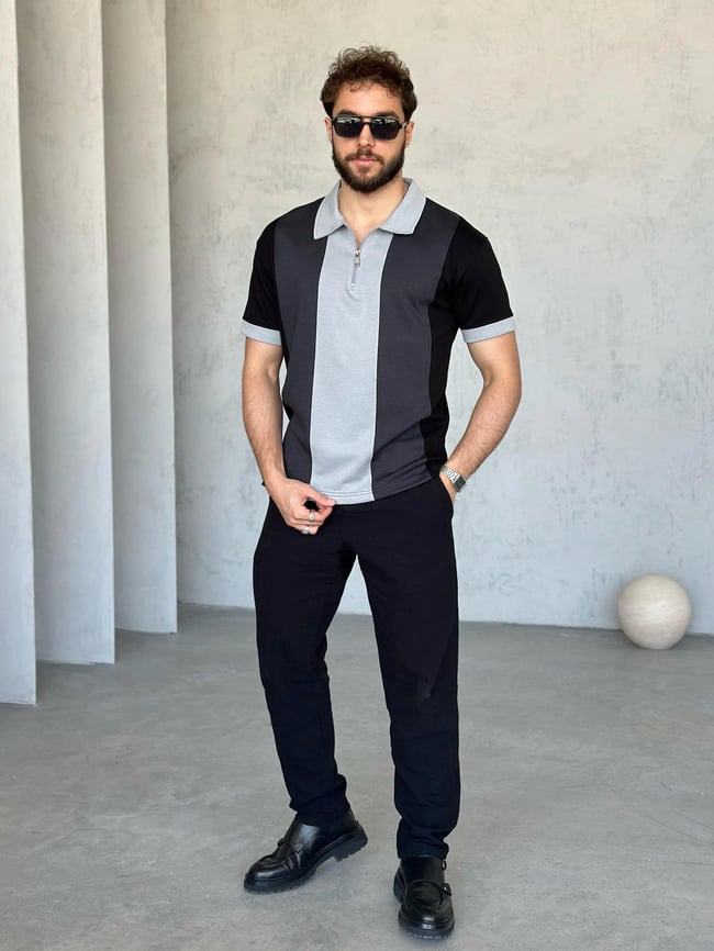 TR1311 Parçalı Modal Kumaş Polo Yaka Gri Siyah