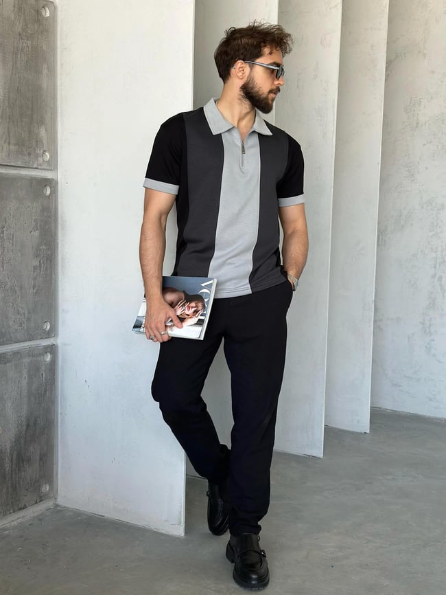 TR1311 Parçalı Modal Kumaş Polo Yaka Gri Siyah