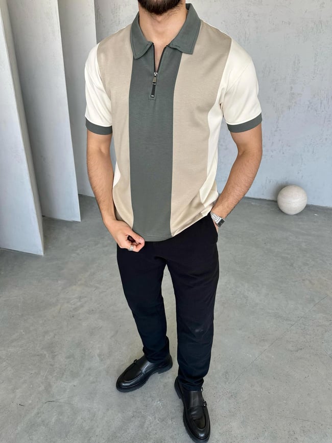 TR1312 Parçalı Modal Kumaş Polo Yaka Haki Krem