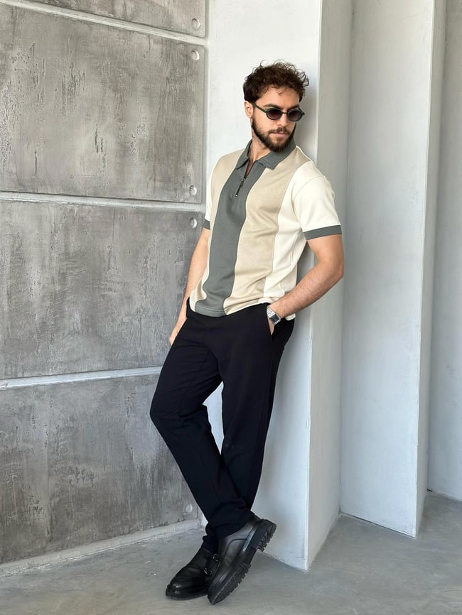 TR1312 Parçalı Modal Kumaş Polo Yaka Haki Krem