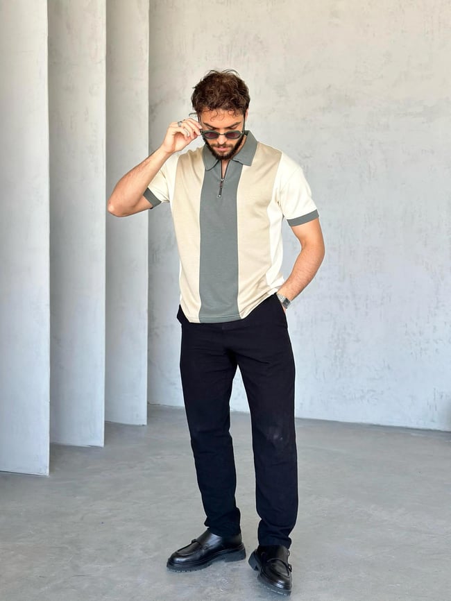 TR1312 Parçalı Modal Kumaş Polo Yaka Haki Krem