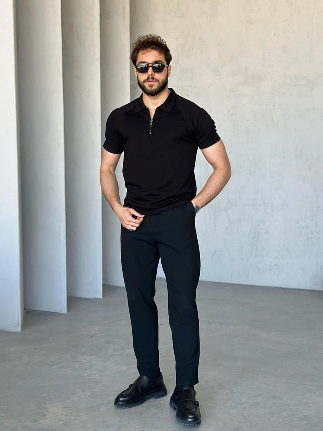 TR1313 Reglan Kol Modal Kumaş Polo Yaka Siyah