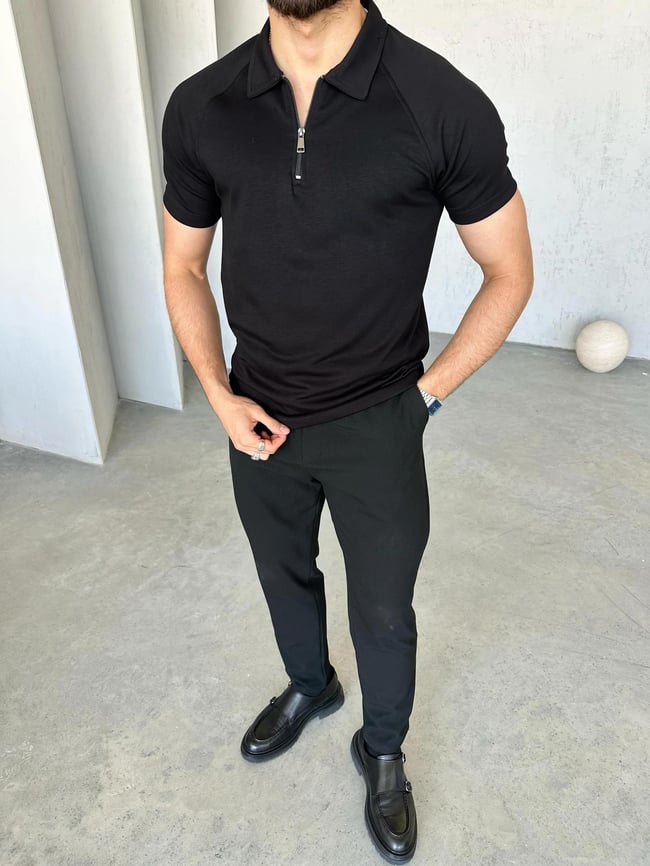 TR1313 Reglan Kol Modal Kumaş Polo Yaka Siyah