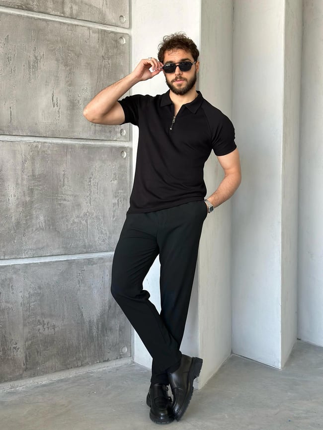 TR1313 Reglan Kol Modal Kumaş Polo Yaka Siyah