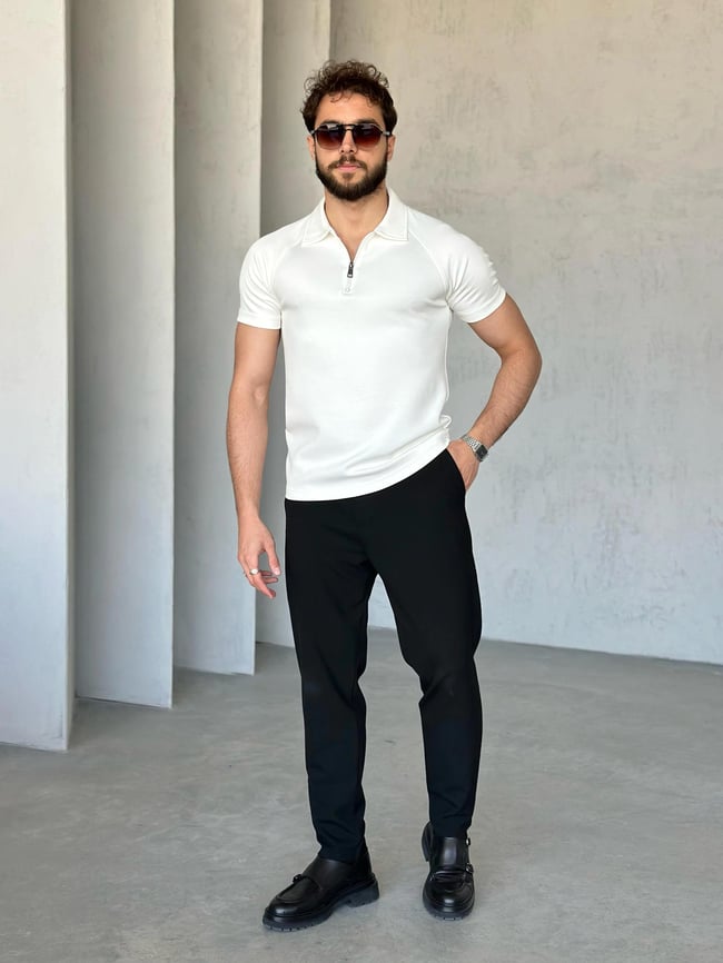 TR1314 Reglan Kol Modal Kumaş Polo Yaka Beyaz