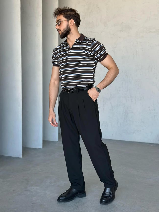 TR1315 Çizgili Polo Yaka Kahve