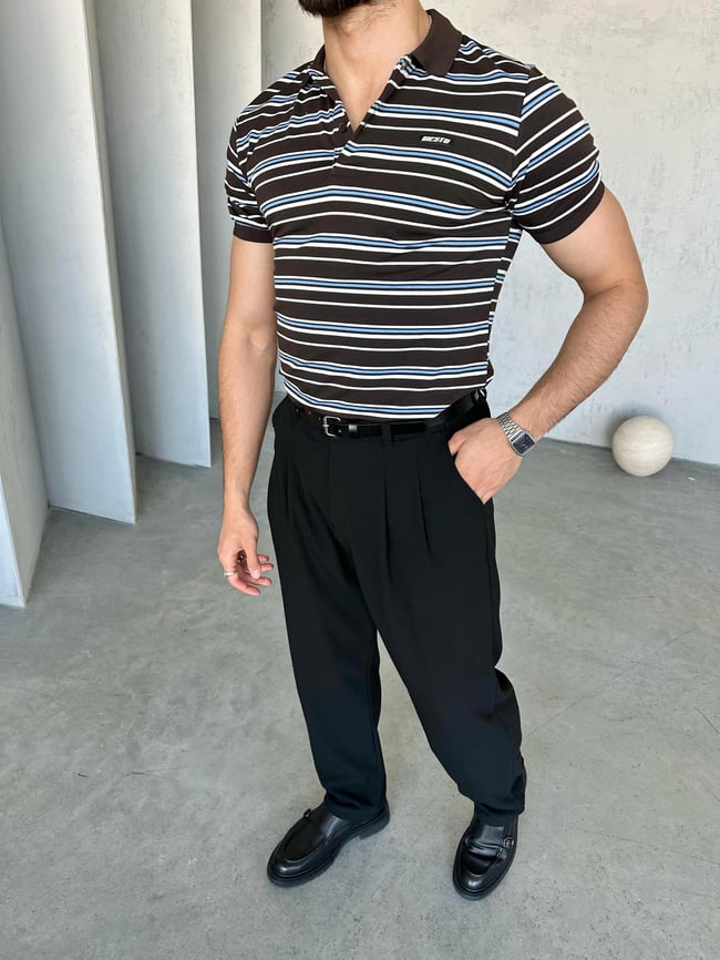 TR1315 Çizgili Polo Yaka Kahve
