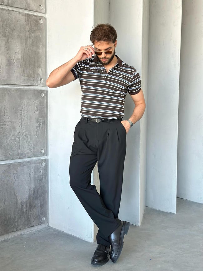 TR1315 Çizgili Polo Yaka Kahve