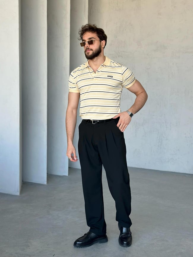 TR1316 Çizgili Polo Yaka Krem