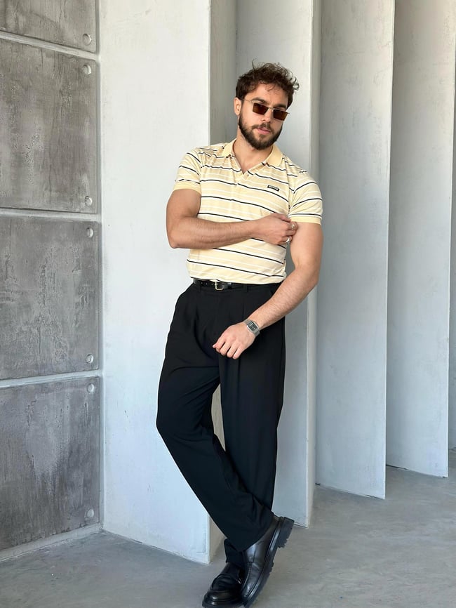TR1316 Çizgili Polo Yaka Krem