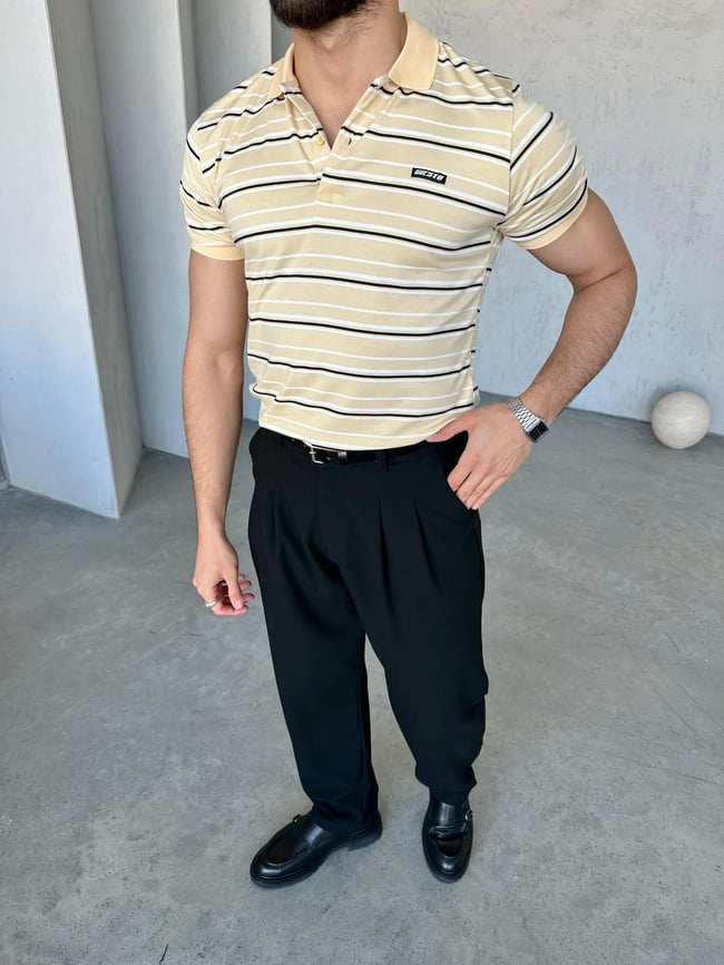 TR1316 Çizgili Polo Yaka Krem