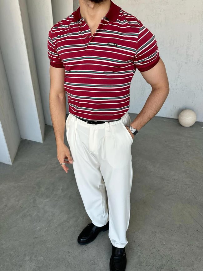 TR1317 Çizgili Polo Yaka Kırmızı