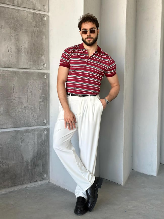TR1317 Çizgili Polo Yaka Kırmızı