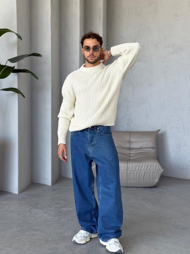 TR1505 Fitilli Basic Triko Beyaz