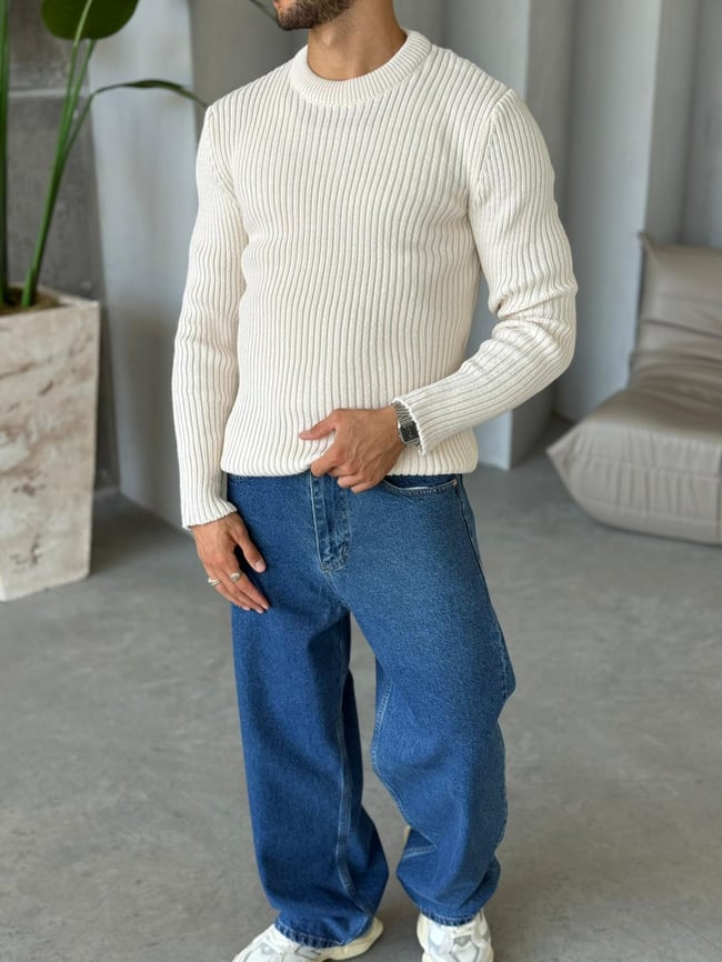 TR1505 Fitilli Basic Triko Beyaz