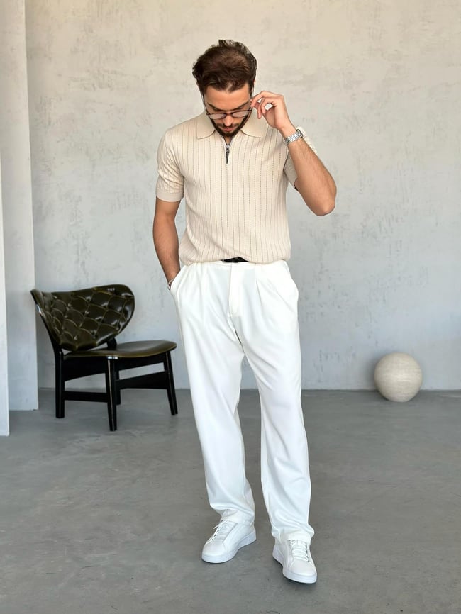 TR270120 Fermuarlı Polo yaka triko KREM V