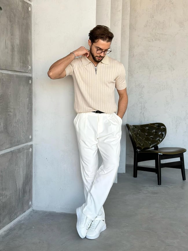 TR270120 Fermuarlı Polo yaka triko KREM V