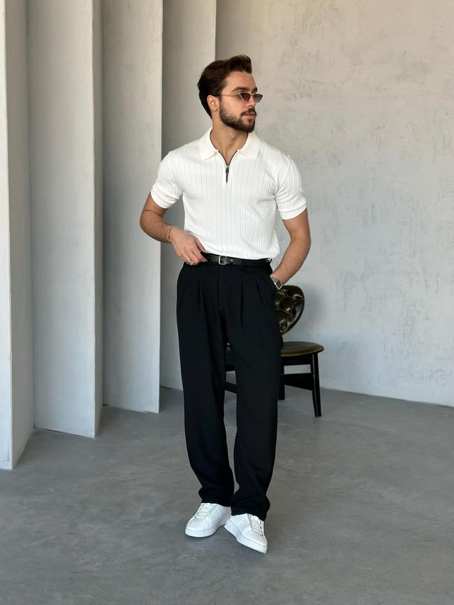TR270122 Fermuarlı Polo yaka triko BEYAZ V