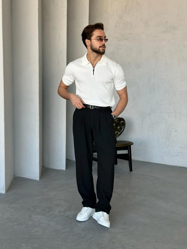 TR270122 Fermuarlı Polo yaka triko BEYAZ V