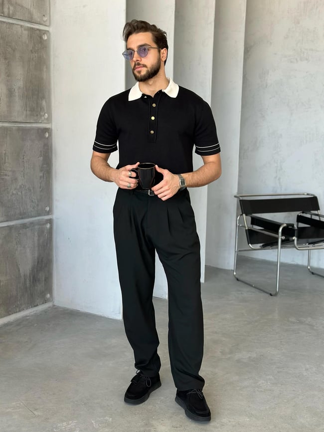 TR4005 Old Money Polo yaka triko Tshirt SİYAH K