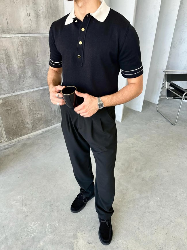 TR4005 Old Money Polo yaka triko Tshirt SİYAH K