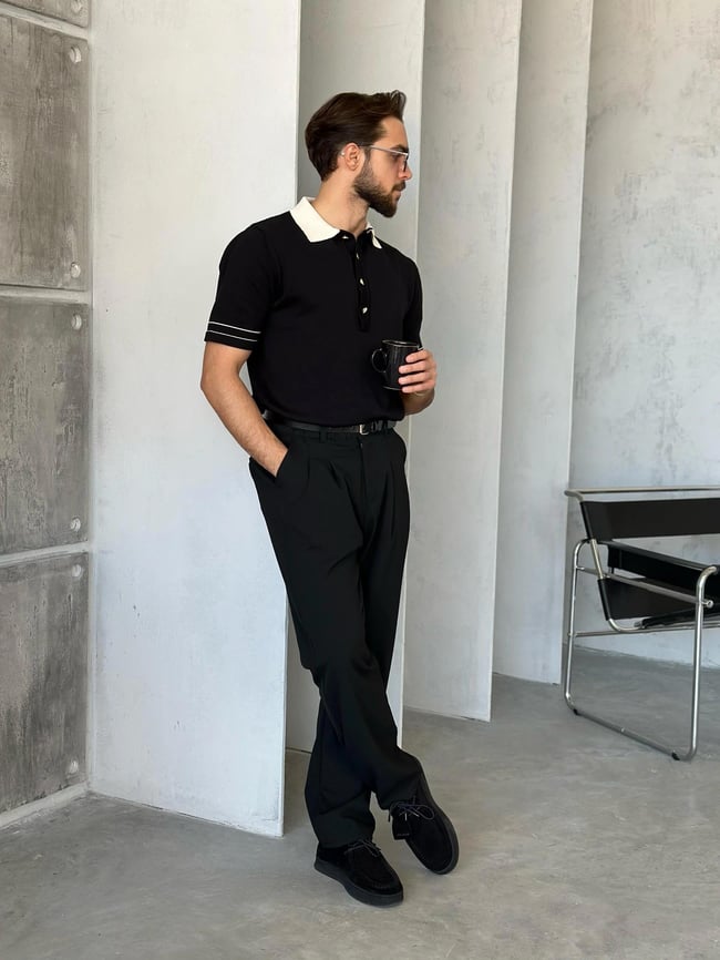 TR4005 Old Money Polo yaka triko Tshirt SİYAH K