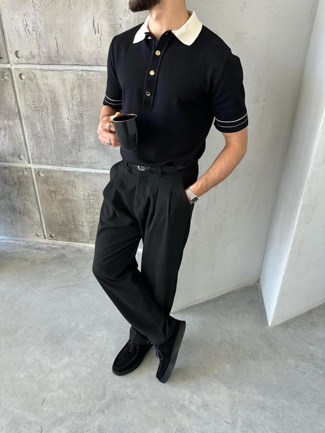 TR4005 Old Money Polo yaka triko Tshirt SİYAH K