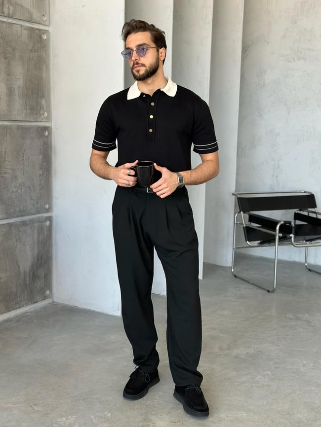 TR4005 Old Money Polo yaka triko Tshirt SİYAH K