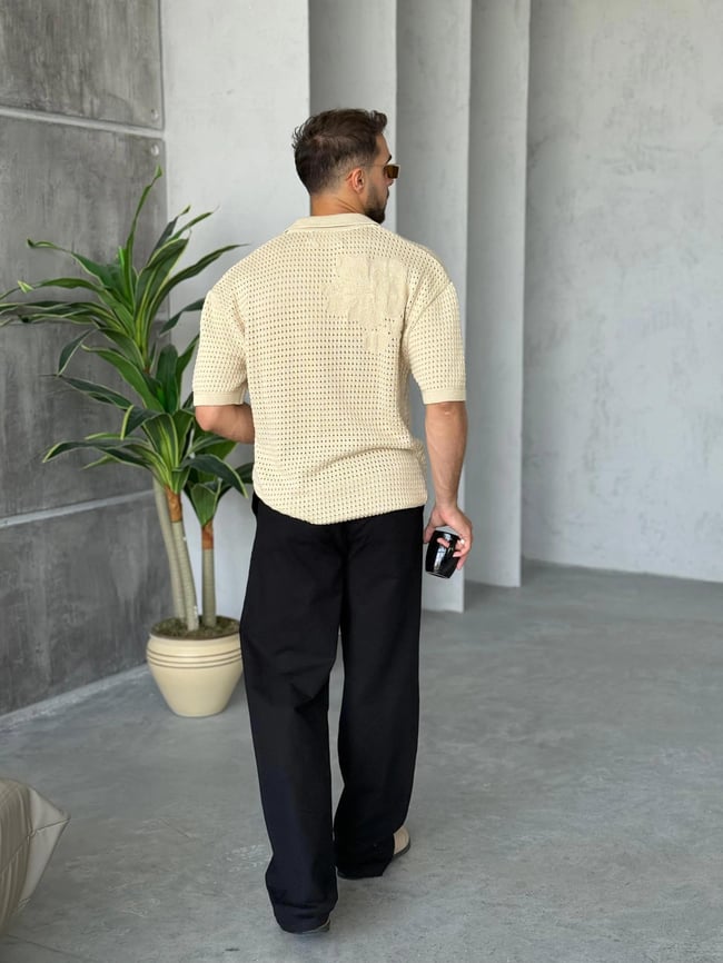 TR4467 Ham Bej Desenli Polo Yaka Triko