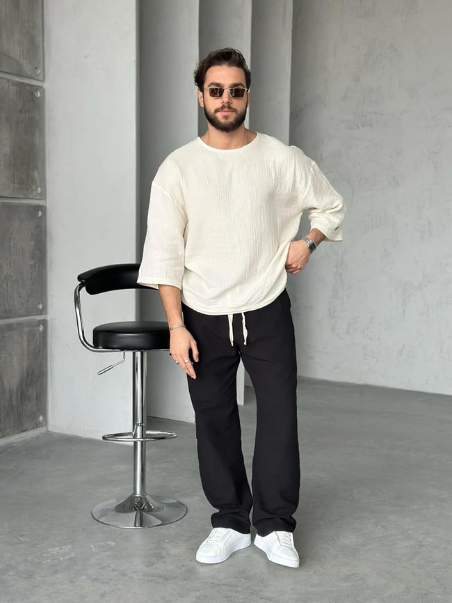 TR45352 Fakir Kol Nakış Detaylı Müslin T-Shirt Bej