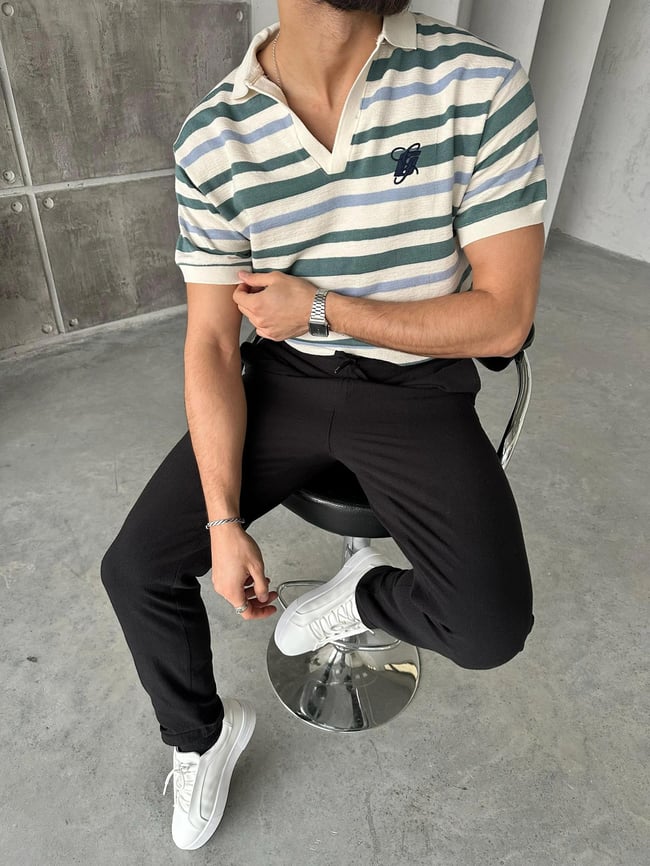TR56491 Polo Yaka Örme Triko Ekru Mint