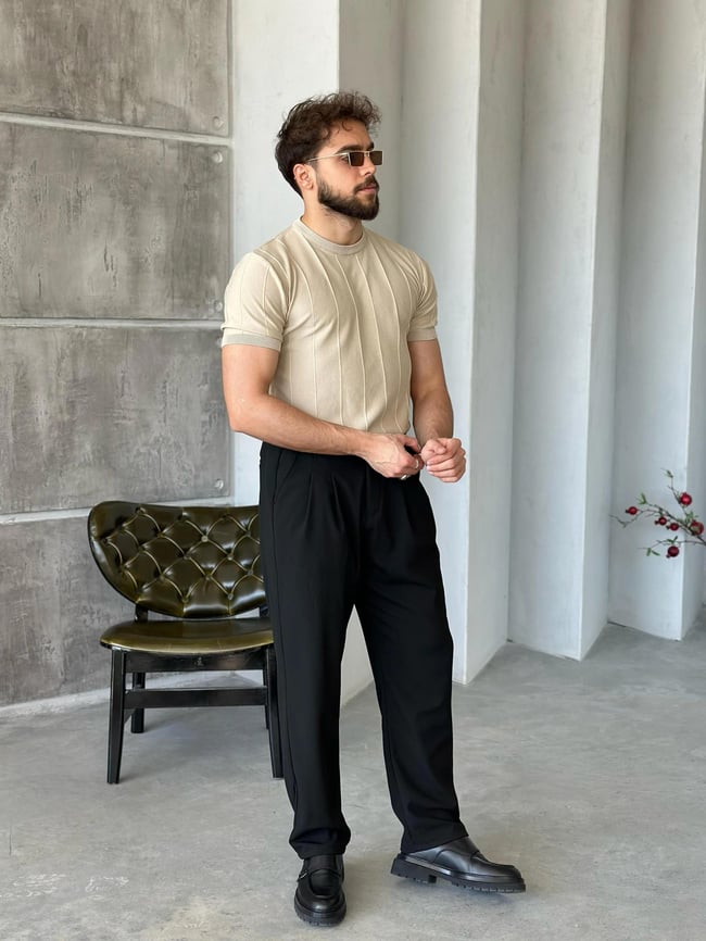 TR6501 Çizlili Basic Triko Bej