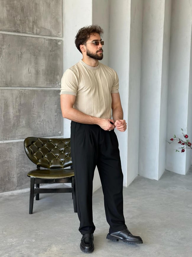 TR6501 Çizlili Basic Triko Bej