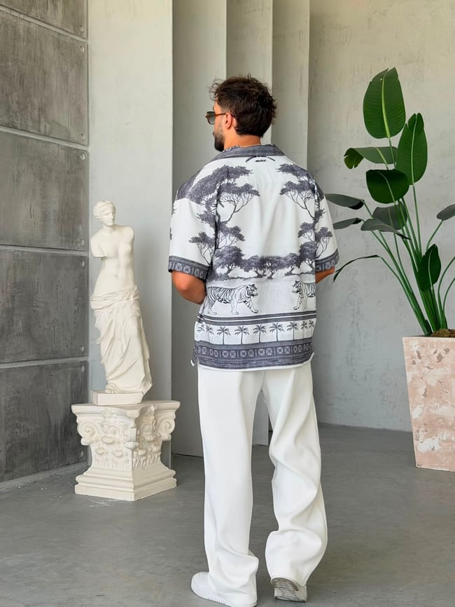 White Tiger  Desenli Dubble Hürrem Kumaş Oversize Gömlek 