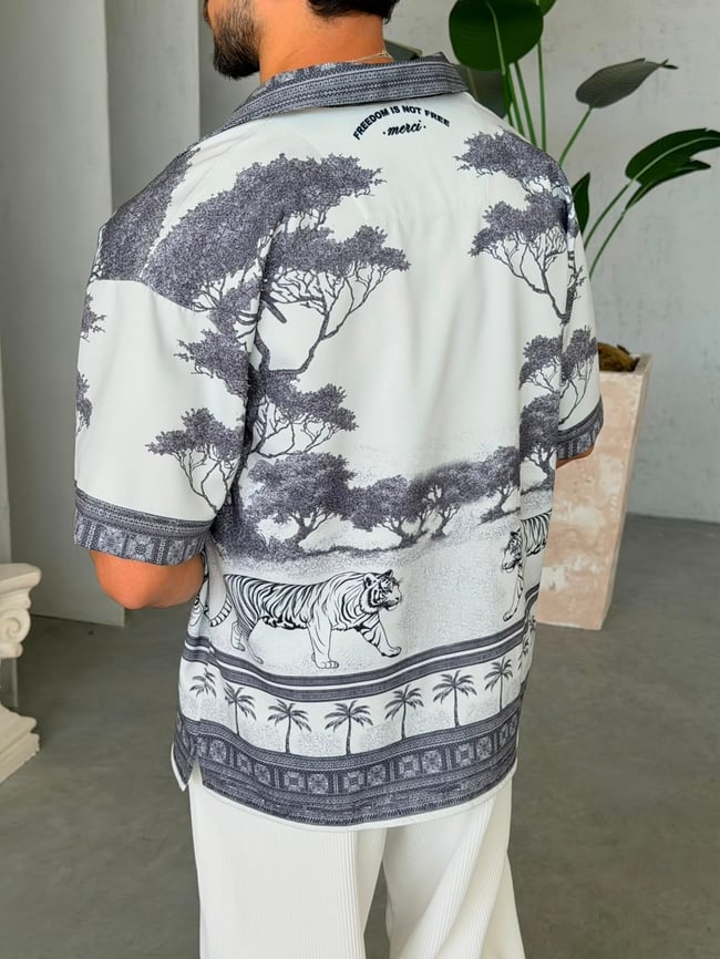 White Tiger  Desenli Dubble Hürrem Kumaş Oversize Gömlek 