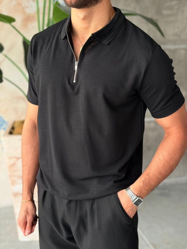 Yaka Detaylı Polo Yaka M - Siyah