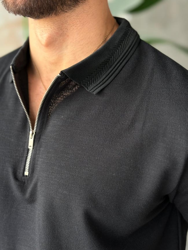 Yaka Detaylı Polo Yaka M - Siyah