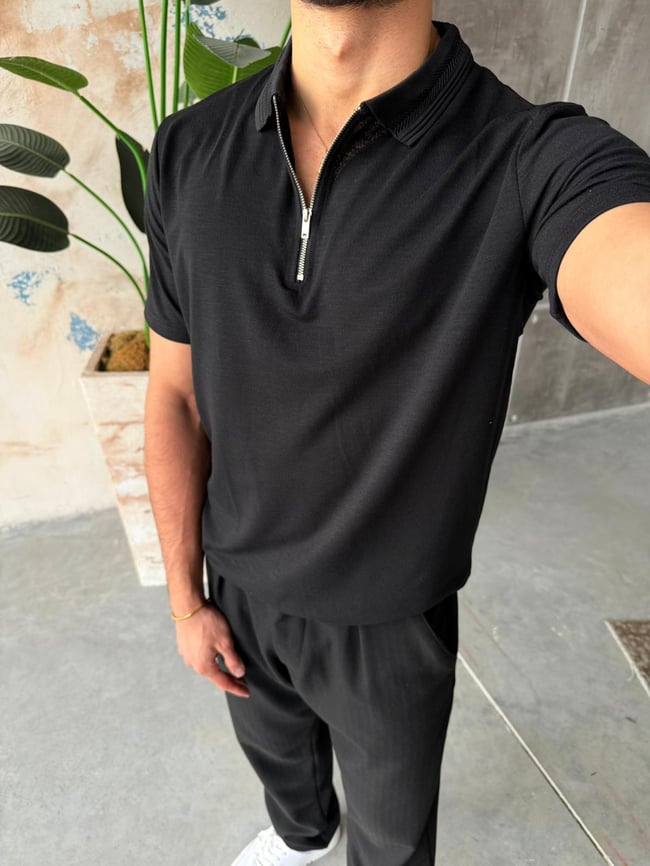 Yaka Detaylı Polo Yaka M - Siyah