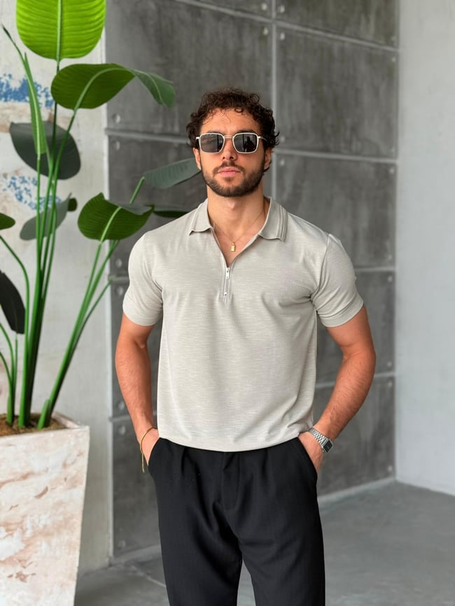 Yaka Detaylı Polo Yaka M - Taş