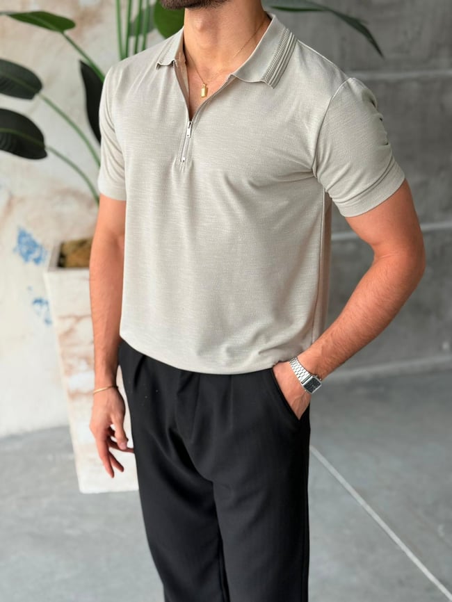 Yaka Detaylı Polo Yaka M - Taş
