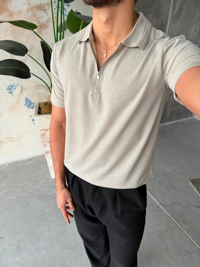 Yaka Detaylı Polo Yaka M - Taş
