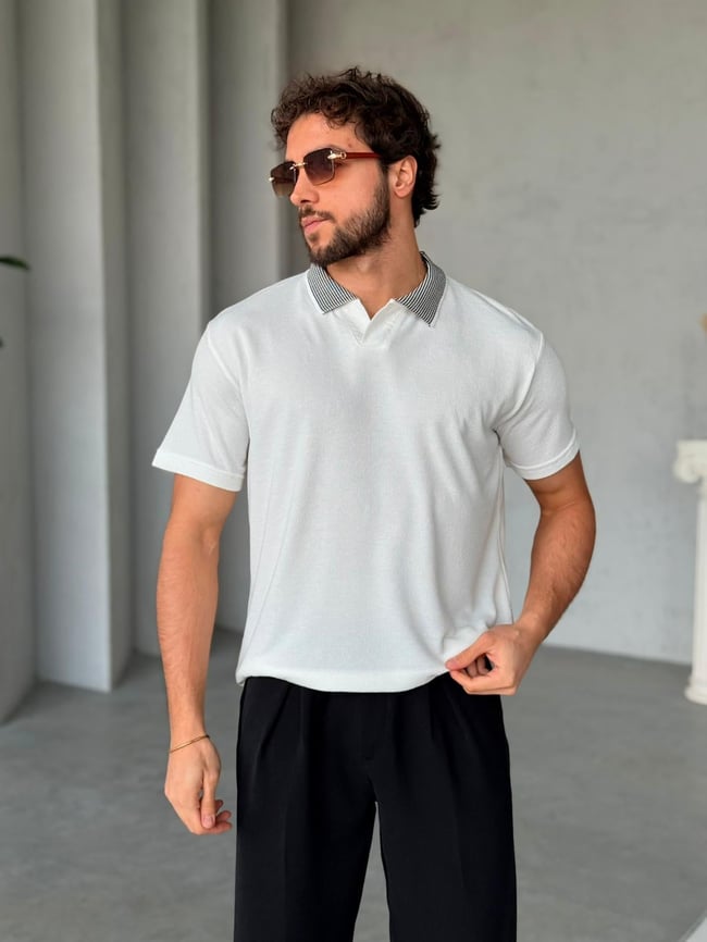 Yaka Detaylı Polo Yaka Triko M - Beyaz