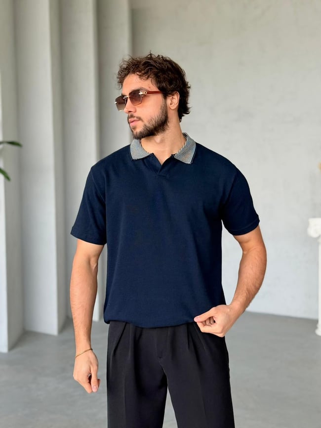 Yaka Detaylı Polo Yaka Triko M - Lacivert