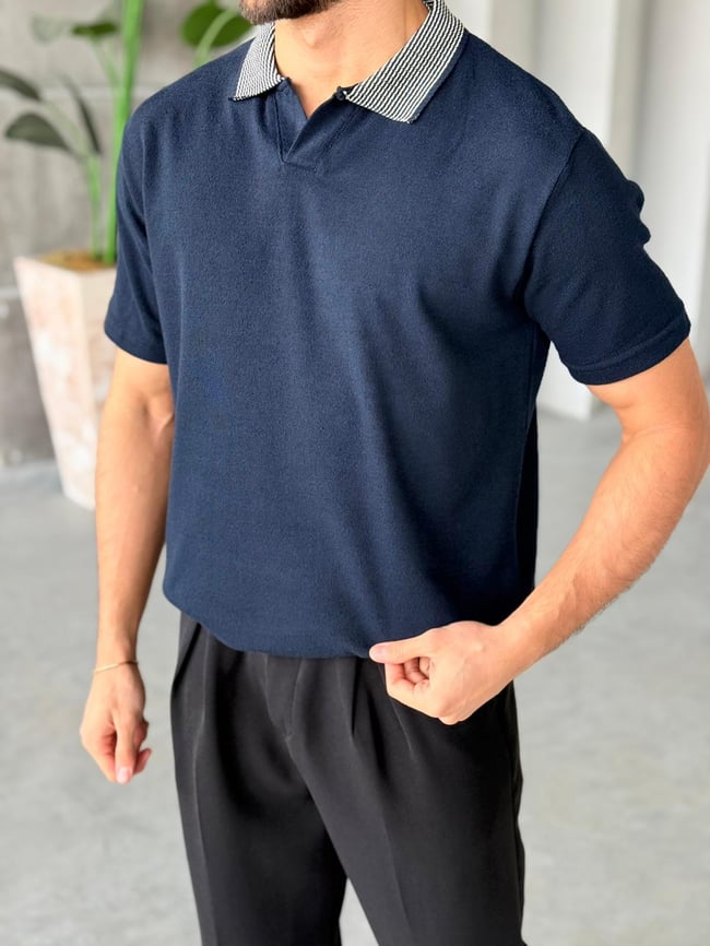 Yaka Detaylı Polo Yaka Triko M - Lacivert