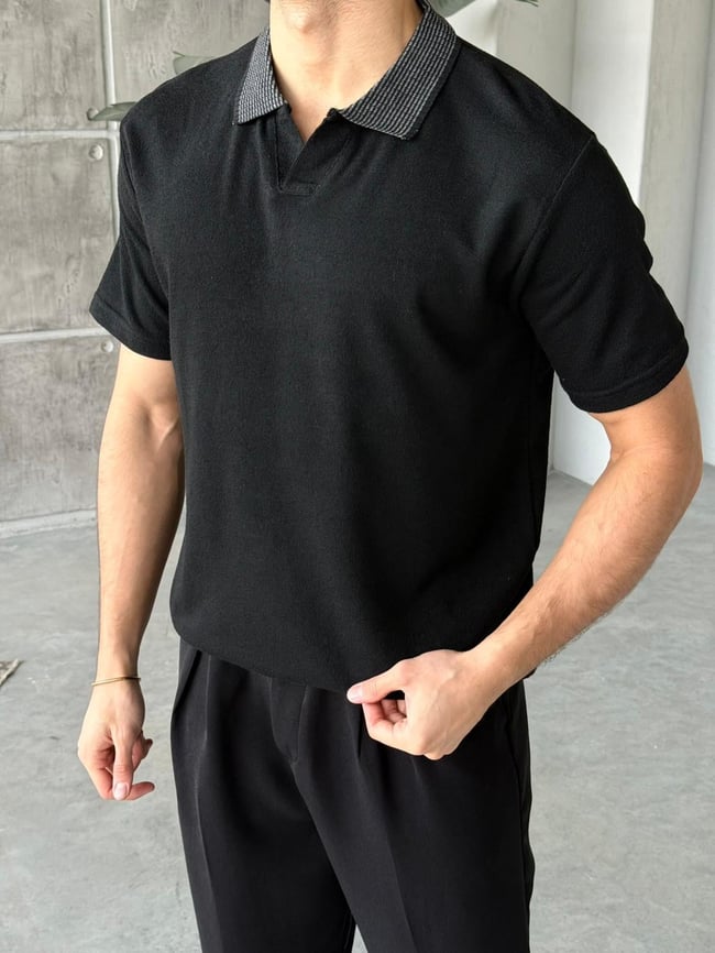 Yaka Detaylı Polo Yaka Triko M - Siyah
