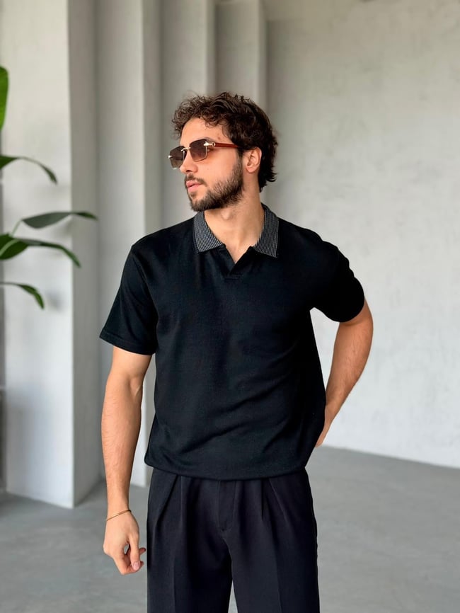 Yaka Detaylı Polo Yaka Triko M - Siyah