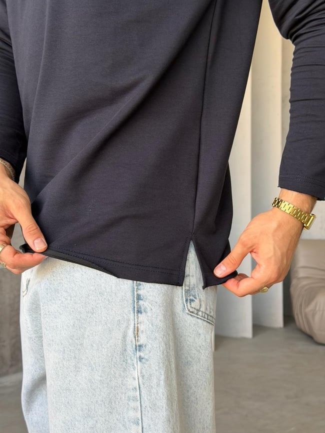 Yan Yırtmaç Detaylı Oversize Uzun Kollu Sweat M - KOYU LACİVERT