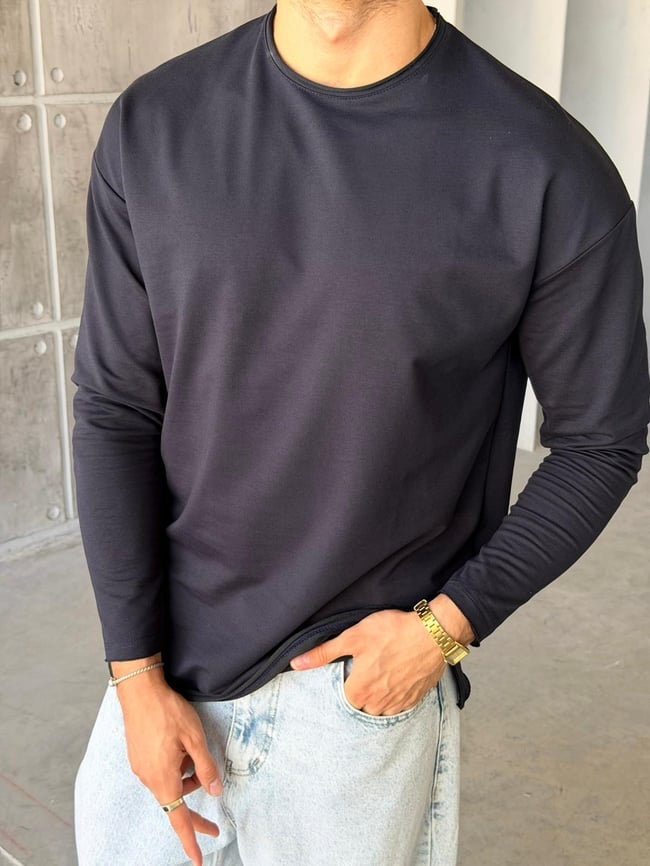 Yan Yırtmaç Detaylı Oversize Uzun Kollu Sweat M - KOYU LACİVERT
